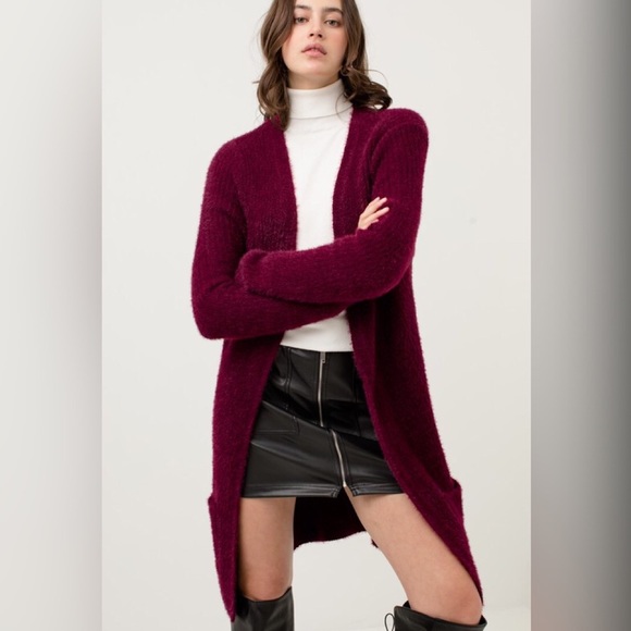 Burg Wine Soft & Fuzzy Long Cardigan w/ Pockets - Picture 2 of 5